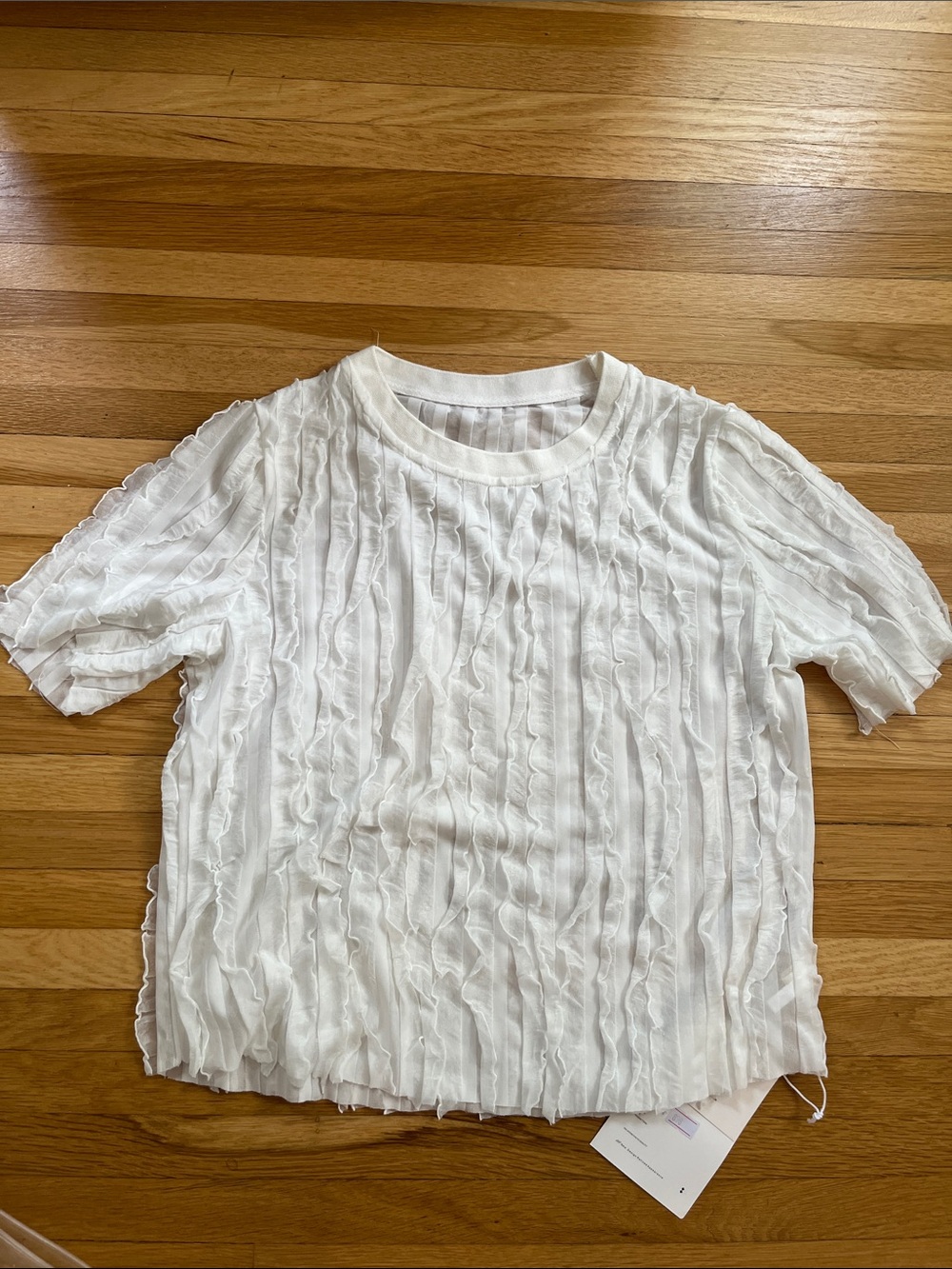 Women’s White Short-Sleeve Ruffle-Striped Tee